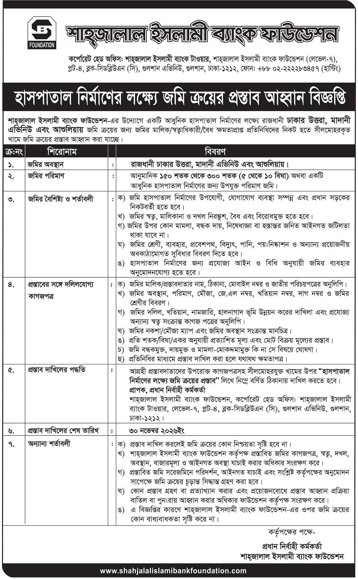 Notice-Land wanted for Shahjalal Islami Bank Hospital